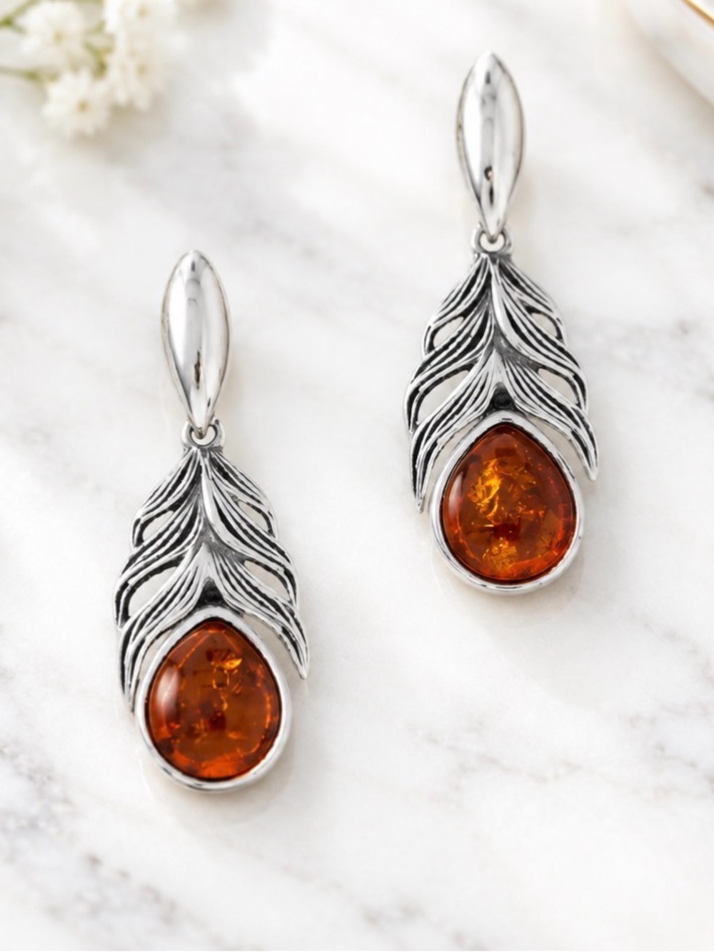 Oxidized Baltic Amber Feather Earrings - 925 Sterling Silver